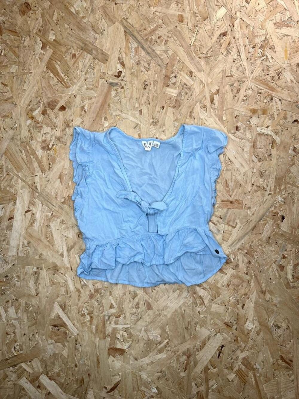Roxy Womens Crop Top Medium Blue Tie Front Ruffle Sleeve Peplum Blouse